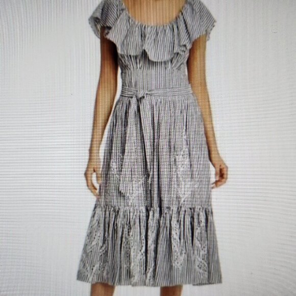Tory Burch Eyelet Embroidered Seersucker Midi Shoulder Ruffle Dress 10 NWT